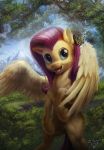  2018 absurd_res arthropod blue_eyes butterfly detailed_background equine feathered_wings feathers female feral fluttershy_(mlp) friendship_is_magic fur hi_res hooves insect lake looking_at_viewer mammal mountain my_little_pony open_mouth pegasus tongue water wings zilvart 