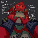 1:1 3_toes anthro ballistamon bandai_namco belt big_dom_small_sub blue_eyes claws dialogue digimon digimon_(species) digimon_xros_wars dominant duo electronics feet first_person_view hand_holding headphones hi_res jagged_mouth machine male male/male narrowed_eyes open_mouth pirruwan red_body scalie scarf shaking shoutmon shoutmon_(king_ver.) size_difference tail toes touching_chest trembling yellow_eyes