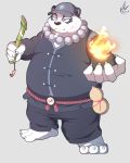  2018 anthro bamboo bear belly blue_eyes fire hat humanoid_hands leaf male mammal overweight overweight_male panda park_kr scar simple_background solo 