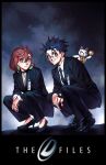  1boy 1girl ayase_momo black_choker black_hair black_jacket black_necktie black_pants black_shoes black_suit brown_eyes brown_hair cat choker collared_shirt crossed_bangs dandadan earrings fbi full_body glasses hair_between_eyes high_heels highres jacket jewelry necktie pants parted_bangs pumps round_eyewear shirt shoes short_hair solthrys squatting suit suit_jacket takakura_ken_(dandadan) the_x-files turbo_granny_(dandadan) watch wristwatch 