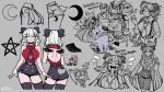  absurdres baphomet_(grizz) black_bow black_gloves black_skirt blush boots bow breasts cameo cleavage closed_eyes concept_art crescent crescent_moon demon_girl demon_tail dynamic_pose frog from_side gloves grizz helltaker helltaker_(character) high_heel_boots high_heels highres horns justice_(helltaker) lineart long_tongue moon multiple_expressions official_art open_mouth original reference_sheet skirt speech_bubble sunglasses tail tongue tongue_out vanripper_(style) white_hair wings 
