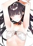  armpits arms_up bangs black_choker black_hair blunt_bangs bra breasts choker cleavage collarbone eyebrows_visible_through_hair flower flower_choker highres lace lingerie long_hair original pink_eyes purple_flower shiny shiny_hair shunsei_(muratou) simple_background small_breasts strapless strapless_bra tongue tongue_out tsurime underwear upper_body very_long_hair white_background 