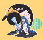  1girl angel_wings black_dress black_flower braid braided_ponytail character_name dizzy_(guilty_gear) dress fingerless_gloves flower front_slit gloves guilty_gear guilty_gear_strive heart highres kadokura_(guilty_gear) kanea_(nikoinoillust) long_hair low-tied_long_hair narwhal queen_dizzy ribbon seiza signature sitting solo swept_bangs tail tail_ornament tail_ribbon white_flower wide_sleeves wings yellow_background yellow_flower yellow_ribbon 