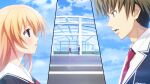  1boy 1girl architecture black_jacket black_pants blazer blue_sky bow breasts brown_eyes building chaos;child chaos;child_love_chu_chu!! chest_bow cityscape cloud cloudy_sky cropped_jacket dress_vest game_cg green_hair hair_ribbon hekiho_academy hekiho_academy_uniform highres jacket kawahara_masashi kurusu_nono ladder lapels long_hair looking_at_another looking_down medium_breasts miniskirt necktie notched_lapels official_art on_roof on_rooftop orange_hair outdoors pants purple_eyes red_necktie ribbon rooftop sailor_collar sailor_shirt sasaki_mutsumi school_emblem shirt short_hair skirt sky skyscraper tennis tennis_court tennis_net thick_thighs thighs very_short_hair white_sailor_collar 