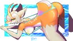 !dodn 4_ears 5_fingers all_fours antennae_(anatomy) anthro aquatic_gastropod ass_up bangs blue_eyes blunt_bangs blush breasts butt butt_focus clothing fangs female fingers fur fur_tuft gastropod hair helvola_(!dodn) hi_res jagged_mouth jagged_teeth marine markings mollusk multi_ear multicolored_body multicolored_ears multicolored_eyes multicolored_fur narrowed_eyes one-piece_swimsuit orange_body purple_markings sea_snail short_hair short_tail side_boob sling_bikini smile snail solo spots spread_legs spreading swimwear tail tan_body tan_fur tan_hair teeth thick_thighs tuft white_body white_markings yellow_eyes