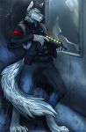  2018 4_toes 5_fingers angiewolf anthro black_nose blue_eyes canine detailed_background digital_media_(artwork) digitigrade dog gun holding_object holding_weapon male mammal ranged_weapon solo standing toes weapon 