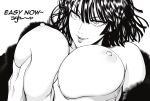  1girl 1other absurdres breasts english_commentary english_text fubuki_(one-punch_man) grabbing_another&#039;s_breast greyscale groping highres huge_breasts medium_hair monochrome mostlybluewyatt nipples one-punch_man parted_lips 