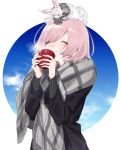  animal animal_on_head bangs blush chaldea_teatime closed_eyes cloud commentary_request cup fate/grand_order fate_(series) fingernails fou_(fate/grand_order) highres holding holding_cup lavender_hair mash_kyrielight on_head plaid plaid_scarf ribbed_sweater scarf short_hair sino42 sky smile steam sweater swept_bangs upper_body winter_clothes 