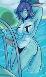 abs athletic avencri bikini blue_hair breasts clothed clothing female freckles hair looking_at_viewer mayte pool_(disambiguation) reptile scalie sea_serpent skimpy smile solo swimsuit water 
