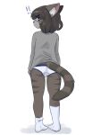 2025 anthro black_eyes black_hair blue_clothing blue_underwear boxer_briefs brown_body brown_fur bulge butt cat_sona_(mr-shin) clothed clothing domestic_cat exclamation_point felid feline felis footwear fur grey_body grey_clothing grey_fur grey_nose grey_shirt grey_topwear hair hi_res inner_ear_fluff looking_back male mammal markings mole_(marking) mr-shin pantsless pink_inner_ear pupils shirt simple_background socks solo surprised tail tail_tuft topwear tuft underwear white_background white_clothing white_footwear white_pupils white_socks white_underwear