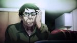  1boy blood blood_from_eyes blood_from_mouth blood_on_clothes blood_stain bloodshot_eyes chaos;child crying crying_with_eyes_open cupboard drawer drooling drooling_blood food frown game_cg glasses grey_eyes ham hand_hair hand_on_own_cheek hand_on_own_face highres indoors jacket male_focus nostrils official_art ootani_yuuma plate sasaki_mutsumi shirt short_hair sitting solo tears track_jacket white_shirt zipper zipper_pull_tab 