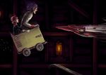  1boy 1girl donkey_kong_(series) donkey_kong_country falling gloves gundam hair_bobbles hair_ornament highres imminent_death minecart on_railroad_tracks paptimus_scirocco pink_hair profile pun purple_hair sakkan sarah_zabiarov screaming spinning_wheel titans_(gundam) waverider_crash white_gloves zeta_gundam zeta_gundam_(mobile_suit) 