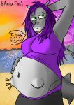 anthro beach bedroom_eyes belly big_breasts bottomwear breasts clothed clothing clothing_lift deep_navel female fetal_movement fish green_eyes hair hand_behind_head hand_on_belly hi_res humanoid long_hair marine mountain narrowed_eyes navel pregnant purple_hair raised_arm rolled_up_shirt saki_(seasidelemons) sand seductive shark shark_tail shirt shirt_lift signature skirt smile smiling_at_viewer sunset topwear