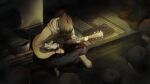 1girl 6+others bleeding blood blood_from_mouth blood_on_clothes blood_on_hands blood_on_instrument blood_stain blue_pants boots brick_wall brown_boots brown_hair brown_hoodie chaos;child concrete crossed_legs crowd curtained_hair dark death dim_lighting elbow_sleeve game_cg guitar head_down highres hood hoodie instrument leather leather_boots long_hair multiple_others music official_art on_ground outdoors pale_skin pants playing_guitar playing_instrument ponytail pool_of_blood road sasaki_mutsumi shirt shoes sitting sneakers takayanagi_momone white_shirt yellow_shoes 