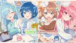  4girls :q blue_background blue_neckerchief border bowl brown_hair chestnut_mouth chibi commentary_request cooking_pot copyright_notice emphasis_lines flying_sweatdrops grey_eyes grid_background hanasato_minori hat highres hinomori_shizuku holding holding_bowl holding_cooking_pot holding_plate jacket kiritani_haruka long_sleeves looking_at_viewer mini_hat momoi_airi more_more_jump!_(project_sekai) multiple_girls neckerchief official_art one_eye_closed open_mouth orange_background orange_skirt outline oven_mitts pink_background pink_eyes pink_hair pink_neckerchief plaid_background plaid_clothes plaid_skirt plate pleated_skirt pointing pointing_at_self polka_dot polka_dot_background project_sekai salad signature skirt smile sparkle speech_bubble thighhighs tongue tongue_out upper_body waka_(wk4444) white_jacket 