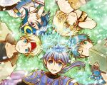  1girl armor blonde_hair blue_eyes blue_hair book cape claude_c._kenny closed_mouth crescent crescent_hair_ornament edge_maverick fayt_leingod fingerless_gloves gloves grass hair_ornament headband highres jacket multiple_boys one_eye_closed open_mouth pointy_ears ponytail rena_lanford roddick_farrence short_hair smile star_ocean star_ocean_first_departure star_ocean_the_last_hope star_ocean_the_second_story star_ocean_till_the_end_of_time urihara84 