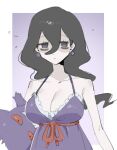  1girl alternate_costume bags_under_eyes bare_shoulders black_hair breasts character_doll cleavage closed_mouth collarbone commentary dress earrings expressionless gengar hair_between_eyes hex_maniac_(pokemon) hex_maniac_(pokemon_legends:_z-a) jewelry large_breasts long_hair looking_at_viewer lowres pokemon pokemon_legends:_z-a purple_dress raine_(acke2445) solo strapless strapless_dress symbol-only_commentary 