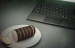  absurdres chaos;child computer computer_keyboard food from_above game_cg ham highres laptop monitor no_humans official_art plate sasaki_mutsumi screen_light table 