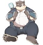  2017 anthro belly blush canine clothed clothing dog male mammal moritaka open_shirt overweight overweight_male pants park_kr scar shirt simple_background sitting tokyo_afterschool_summoners white_background 