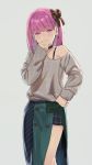  blush bow casual fate/grand_order fate_(series) hair_bow hand_on_hip helena_blavatsky_(fate/grand_order) kerorira looking_at_viewer off_shoulder purple_eyes purple_hair short_hair skirt sweater 