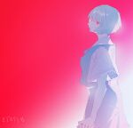  1girl arm_at_side ayanami_rei blue_hair blue_skirt blue_vest cowboy_shot dated empty_eyes expressionless gradient_background haun limited_palette looking_up neon_genesis_evangelion red_background red_eyes school_uniform shirt short_hair short_sleeves skirt solo tokyo-3_middle_school_uniform vest white_background white_shirt 