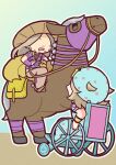  2boys bandaged_leg bandages beanie beard blonde_hair blue_hat blue_hoodie blue_pants blue_sleeves bridal_gauntlets brown_pants cape chibi chibi_only cowboy_hat facial_hair grey_hair gyro_zeppeli hat highres holding holding_reins hood hoodie horse horseback_riding johnny_joestar jojo_no_kimyou_na_bouken long_hair m_a_a_m_8 male_focus mask mask_on_head multiple_boys no_eyes pants purple_bridal_gauntlets purple_mask purple_sleeves redrawn reins riding spurs star_(symbol) star_print steel_ball_run two-tone_sleeves valkyrie_(jojo) wheelchair wristband yellow_cape 