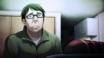  1boy blood blood_from_mouth blood_on_clothes blood_stain chaos;child cupboard drawer drooling drooling_blood food frown game_cg glasses grey_eyes ham highres indoors jacket male_focus nostrils official_art one_eye_narrowed ootani_yuuma plate sasaki_mutsumi shirt short_hair sitting solo track_jacket white_shirt zipper zipper_pull_tab 