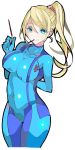  arm_behind_back bangs blonde_hair blue_bodysuit blue_eyes bodysuit breasts closed_mouth covered_collarbone covered_nipples enpe eyebrows_visible_through_hair food highres large_breasts long_hair metroid mole mole_under_mouth pocket pocky ponytail samus_aran simple_background smile solo white_background zero_suit 