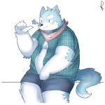  2016 anthro belly black_nose blush canine clothed clothing humanoid_hands male mammal open_shirt overweight overweight_male park_kr shirt shorts simple_background sitting solo wolf 