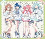  4girls :o absurdres bare_legs belt blue_eyes blue_hair blue_neckerchief blue_skirt blush border brown_hair coat commentary_request contrapposto full_body green_background green_eyes grey_eyes grid_background hair_over_one_eye hanasato_minori hand_on_own_chest hat highres hinomori_shizuku kiritani_haruka long_hair long_sleeves looking_at_viewer mini_hat momoi_airi more_more_jump!_(project_sekai) multiple_girls neckerchief open_mouth orange_neckerchief pink_hair pink_skirt plaid_clothes plaid_skirt pleated_skirt project_sekai shoes short_hair simple_background skirt smile two_side_up waka_(wk4444) white_background white_coat white_hat white_shoes 