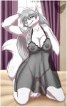  2018 anthro areola breasts canine clitoris clothing detailed_background digital_media_(artwork) fur grey_eyes grey_hair grey_nose hair inner_ear_fluff kneeling lingerie looking_at_viewer mammal mark_haynes negligee nipples pussy smile solo translucent transparent_clothing white_fur 