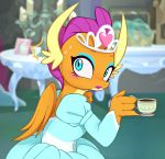  2018 absurd_res beverage blue_eyes blush caught clothed clothing crown cup digital_media_(artwork) dragon dress eyelashes eyeliner eyeshadow female friendship_is_magic hi_res holding_object horn lipstick looking_at_viewer makeup marenlicious my_little_pony smolder_(mlp) solo sweat sweatdrop tea tiara wings 