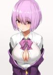  :o blush bow bowtie breasts button_gap center_opening cleavage collared_shirt commentary_request eyebrows_visible_through_hair highres hood hoodie large_breasts nnoelllll no_bra open_mouth purple_hair purple_neckwear red_eyes school_uniform shinjou_akane shirt short_hair simple_background solo ssss.gridman unbuttoned white_background 