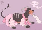 2021 accessory archived_source black_body black_fur blush blush_lines bow_ribbon bubblepuppers clothed clothing dialogue diaper disembodied_hand duo english_text female feral fur furgonomics generation_2_pokemon good_girl hand_on_chin hi_res horn horn_jewelry houndoom hypnosis jewelry legwear lock mind_control nintendo open_mouth orange_body orange_fur pattern_clothing pink_clothing pink_diaper pink_legwear pink_scarf pink_thigh_highs pokemon pokemon_(species) purple_background ribbons ringed_eyes scarf simple_background solo_focus spade_tail speech_bubble striped_clothing stripes tail tail_accessory tail_bow tail_ribbon text thigh_highs watermark wearing_diaper yuukari