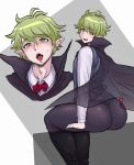  amami_rantarou arched_back ass back black_cape bow bowtie cape commentary_request danganronpa ear_piercing earrings eyes_visible_through_hair fangs flat_chest green_eyes high_collar highres jewelry light_green_hair looking_at_viewer looking_back loose_bowtie male_focus messy_hair multiple_views new_danganronpa_v3 piercing pinstripe_pattern red_neckwear see-through shirt short_hair slender_waist slit_pupils striped striped_vest sweatdrop vampire vest wadorudo white_shirt wide_hips 