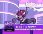 absa anthro bottomwear bovid caprine chest_tuft clothed clothing electronics english_text female fully_clothed fur goat grey_body grey_fur hair hi_res holding_microphone holding_object horizontal_pupils horn leggings legwear mammal microphone news news_report news_reporter pantyhose pupils purple_hair reporter rivals_of_aether skirt solo suit text tuft wide_hips yellow_eyes yinigma