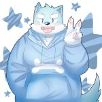 2016 anthro blue_fur blush canine clothing fur hoodie humanoid_hands male mammal overweight overweight_male park_kr simple_background solo wolf 