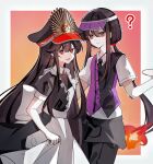  1boy 1girl :d ? alternate_costume apron apron_grab back_bow black_apron black_dress black_hair black_hat black_necktie black_pants black_vest border bow brother_and_sister center-flap_bangs closed_mouth clothes_grab collared_dress collared_shirt crest dress enmaided family_crest fang fate/grand_order fate_(series) fiery_hair frilled_apron frills gradient_background hair_between_eyes hat highres holding holding_tray long_hair looking_at_viewer low_ponytail maid maid_apron multicolored_vest necktie oda_nobukatsu_(fate) oda_nobukatsu_(welcome_diner)_(fate) oda_nobunaga_(fate) oda_uri office open_mouth orange_background outside_border pants peaked_cap ponytail puffy_short_sleeves puffy_sleeves purple_vest purple_visor red_eyes shirt short_sleeves siblings sidelocks skin_fang smile tray two-tone_vest very_long_hair vest visor_cap waist_apron waiter white_apron white_border white_shirt wing_collar xixing_chun 
