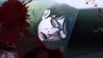  black_hair bleeding blood blood_censor blood_from_eyes blood_from_mouth blood_in_mouth blood_on_face blood_on_keyboard blood_on_laptop blood_splatter blood_stain bloodshot_eyes chaos;child colored_skin computer corpse crying crying_with_eyes_open death desk exposed_bone flesh game_cg glasses green_jacket grey_eyes head_on_table highres injury jacket laptop nosebleed official_art ootani_yuuma open_mouth pale_skin pool_of_blood saliva sasaki_mutsumi severed_hand short_hair snot_trail tears track_jacket white_skin 