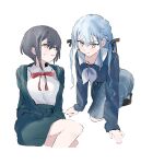  2girls bang_dream! bang_dream!_it's_mygo!!!!! black_ribbon blue_hair blue_shirt blue_skirt brown_eyes collared_shirt commentary green_jacket green_skirt grey_hair grey_neckerchief hair_ribbon highres jacket long_hair multiple_girls neck_ribbon neckerchief open_clothes open_jacket open_mouth peke_(pekeiscat) plaid_clothes plaid_skirt red_ribbon ribbon school_uniform shirt short_hair sidelocks simple_background skirt takamatsu_tomori togawa_sakiko tsukinomori_school_uniform white_background white_shirt yellow_eyes 