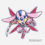  1girl armor boobplate breasts chibi chibi_only getter_rekka getter_robo getter_robo_daikessen! hands_up head_spikes holding holding_sword holding_weapon katana looking_at_viewer mecha mecha_focus miroku_(miroku_t) multicolored_armor outstretched_hand pink_armor robot robot_girl solo super_robot sword weapon yellow_eyes 