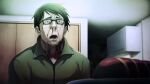  1boy blood blood_from_eyes blood_from_mouth blood_in_mouth blood_on_clothes blood_stain bloodshot_eyes chaos;child crying crying_with_eyes_open cupboard drawer drooling drooling_blood dying food frown game_cg glasses grey_eyes ham highres indoors jacket nostrils official_art ootani_yuuma open_mouth plate sasaki_mutsumi shirt short_hair sitting snot_trail solo tears teeth track_jacket upper_teeth_only white_shirt zipper zipper_pull_tab 