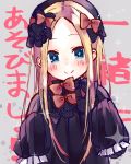  1girl abigail_williams_(fate/grand_order) background_text bangs beniko_(ymdbnk) black_bow black_dress black_hat blonde_hair blue_eyes blush bow closed_mouth commentary_request dress fate/grand_order fate_(series) grey_background hair_bow hands_up hat head_tilt highres long_hair long_sleeves orange_bow parted_bangs polka_dot polka_dot_bow sleeves_past_fingers sleeves_past_wrists smile solo sparkle translation_request upper_body very_long_hair 