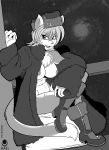 2014 abs anthro avencri black_and_white boots breasts cat chest_tuft clothed clothing coat crossed_legs feline footwear fur hair hat mammal monochrome multicolored_fur muscular nipples open_mouth partially_clothed plantigrade sitting smile solo space tuft two_tone_fur ushanka vikna 