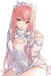  :p bangs between_legs blush breasts brown_eyes cleavage cleavage_cutout closed_mouth commentary eyebrows_visible_through_hair fate/grand_order fate_(series) hair_between_eyes hand_between_legs hand_up head_tilt hitsukuya long_hair long_sleeves medb_(fate)_(all) medb_(fate/grand_order) meme_attire open-chest_sweater pink_hair ribbed_sweater simple_background sitting smile solo sweater tongue tongue_out turtleneck turtleneck_sweater v-shaped_eyebrows very_long_hair white_background white_sweater 
