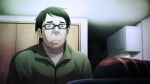  1boy chaos;child cupboard drawer food frown game_cg glasses grey_eyes ham highres indoors jacket male_focus nostrils official_art ootani_yuuma plate sasaki_mutsumi shirt short_hair sitting solo track_jacket white_shirt zipper zipper_pull_tab 