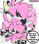 2025 animal_print animal_print_bikini animal_print_thigh_highs annoyed anthro avian beak big_breasts bikini bird black_eyes bovid_horn bovine_horn bra breasts cleavage clothed clothing cow_horn cow_print cow_print_armwear cow_print_bikini cow_print_elbow_gloves cow_print_legwear cow_print_thigh_highs dialogue digital_media_(artwork) english_text eyelashes eyeshadow female flamingo flamma flipping_viewer_off gesture grey_eyeshadow hand_gesture hi_res horn jdone legwear looking_at_viewer makeup middle_finger milk navel navel_piercing panties pattern_bikini pattern_clothing pattern_legwear pattern_swimwear pattern_thigh_highs piercing pink_body simple_background solo speech_bubble swimwear tail text thigh_highs two-piece_swimsuit underwear