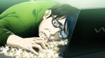  1boy arm_hair bent_over bent_over_furniture chaos;child chaos;head chaos;head_love_chu_chu! computer crying crying_with_eyes_open desk game_cg glowing green_jacket hand_hair head_on_table highres indoors jacket laptop leaning_forward nostrils official_art ootani_yuuma open_mouth sasaki_mutsumi short_hair solo star_(symbol) tears tongue track_jacket vomit vomiting 