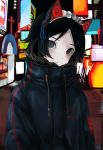  absurdres animal_ears black_eyes black_hair cat_ears city_lights coat commentary_request fur_trim grey_eyes highres honda_souichi jacket looking_at_viewer male_focus original short_hair upper_body urban 