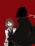  2girls aislan bisected black_coat black_hair black_vest brown_hair coat collared_shirt company_logo facing_away grey_necktie hair_ornament hairclip highres lab_coat limbus_company long_sleeves looking_at_another looking_at_viewer medium_hair multiple_girls necktie project_moon red_background ryoshu_(project_moon) shirt short_hair shrenne_(project_moon) simple_background standing upper_body vest white_coat white_shirt 
